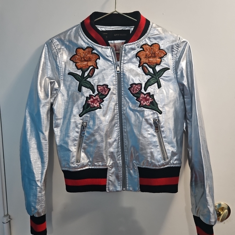 Size Small silver AFTF Basic Bomber faux leather